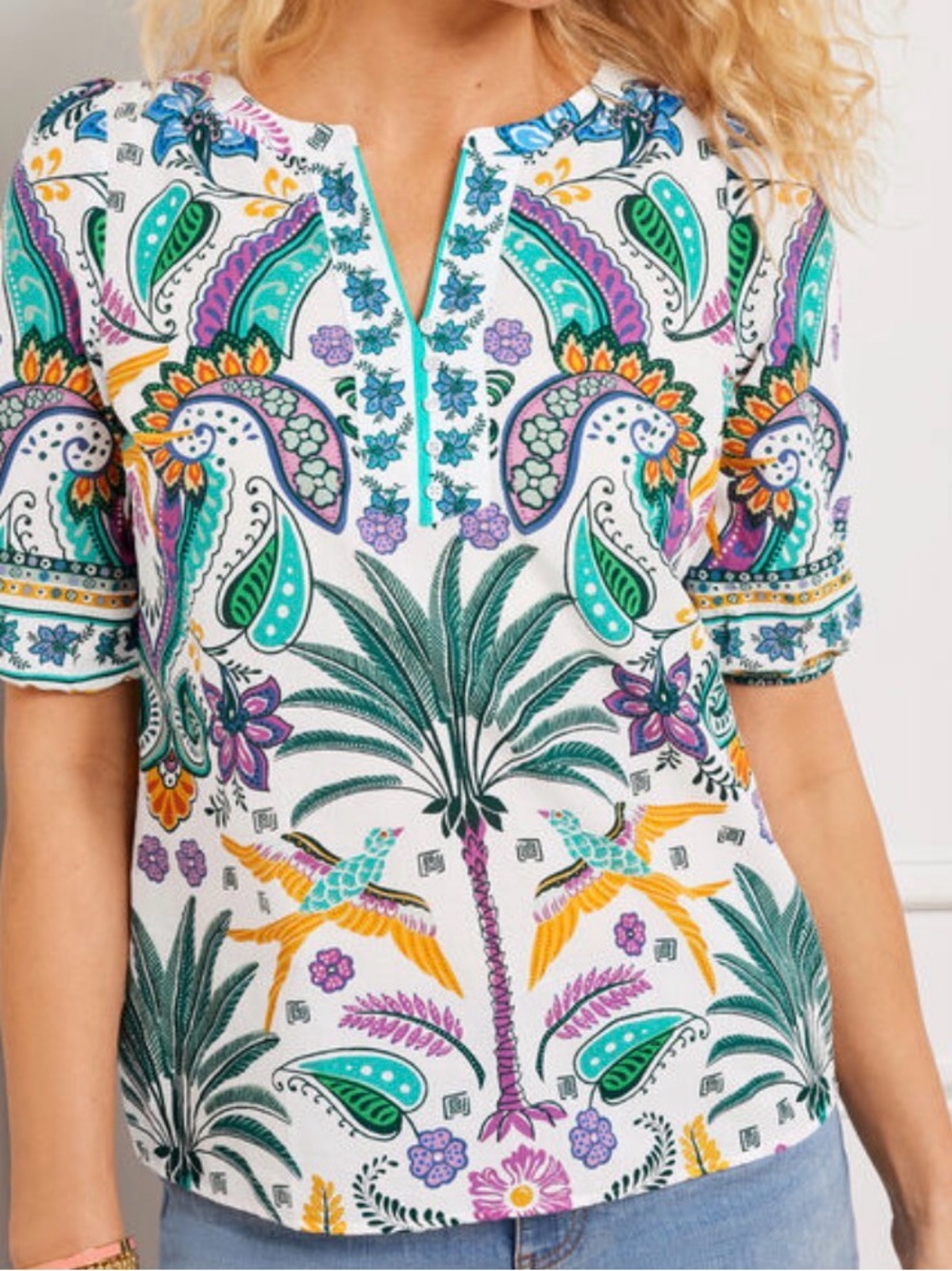 Talbots Petite Paisley Split-Neck Top in Teal, Purple & White